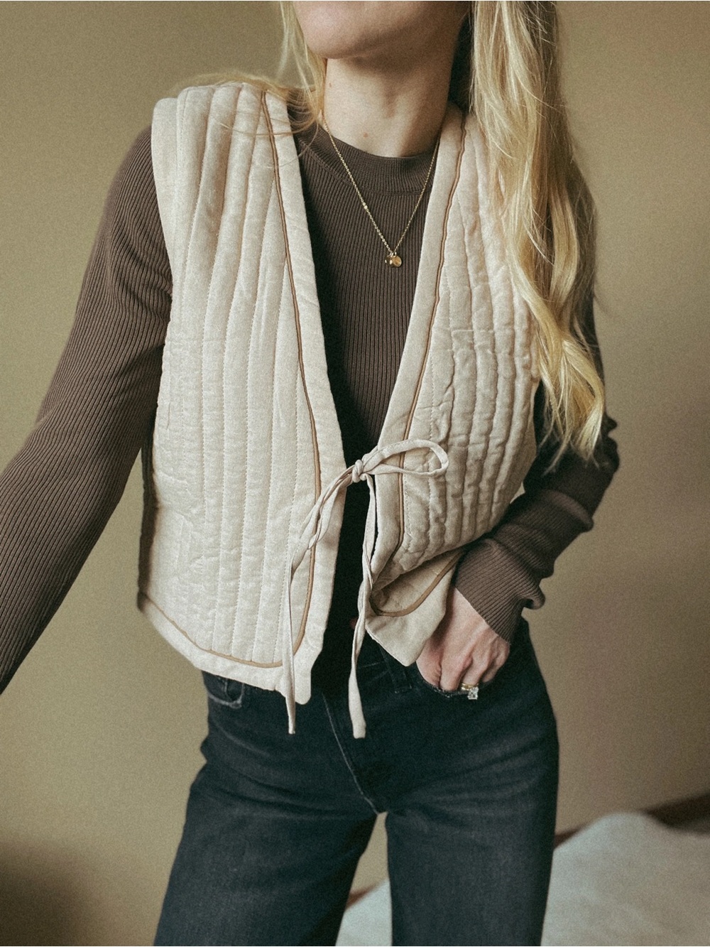 Wishlist Cream Quilted Padded Tie-Front Vest